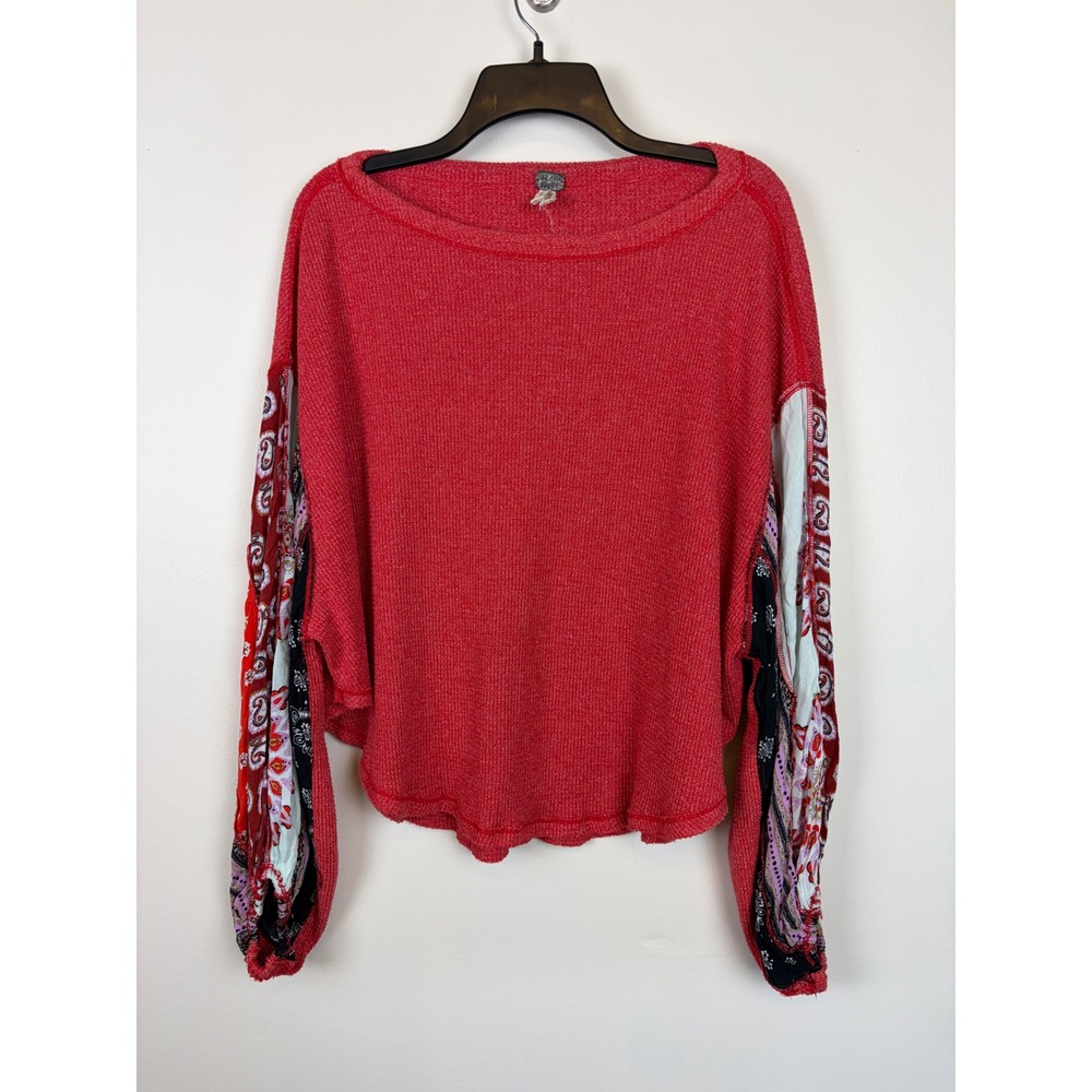 We The Free People Blossom Thermal Top Small Red Balloon Sleeve Boho Knit